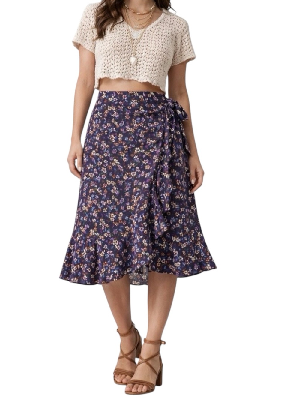 Band of the Free Purple Floral Linaelle Faux Wrap Midi Skirt S
